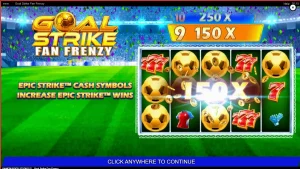 Tampilan layar permainan slot Goal Strike Fan Frenzy dengan tema sepak bola dan stadion yang meriah.