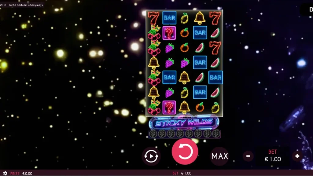 Tampilan visual neon dan futuristik dari slot Turbo Fortune Cherryways